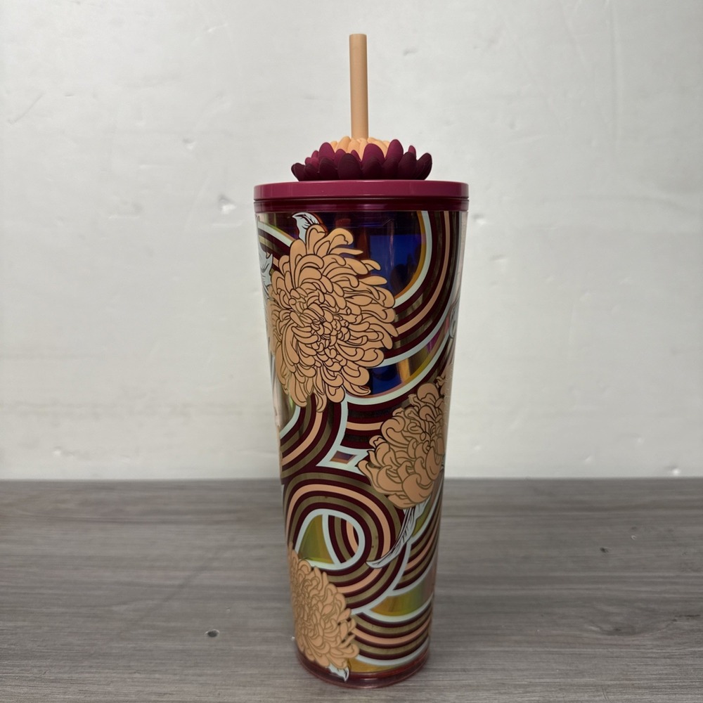 New Starbucks Holiday 2024 Cold Cup Tumbler Pink Gold Flower Straw Charm 24oz